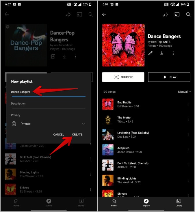 Creando una nueva lista de reproducción en la música de YouTube para salvar listas de reproducción