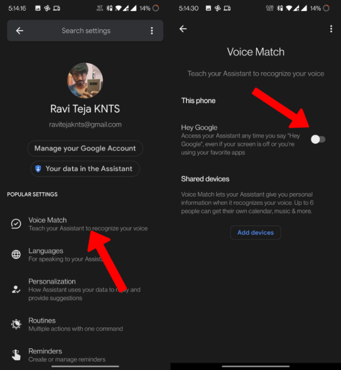 Habilitando la coincidencia de voz para el asistente de Google