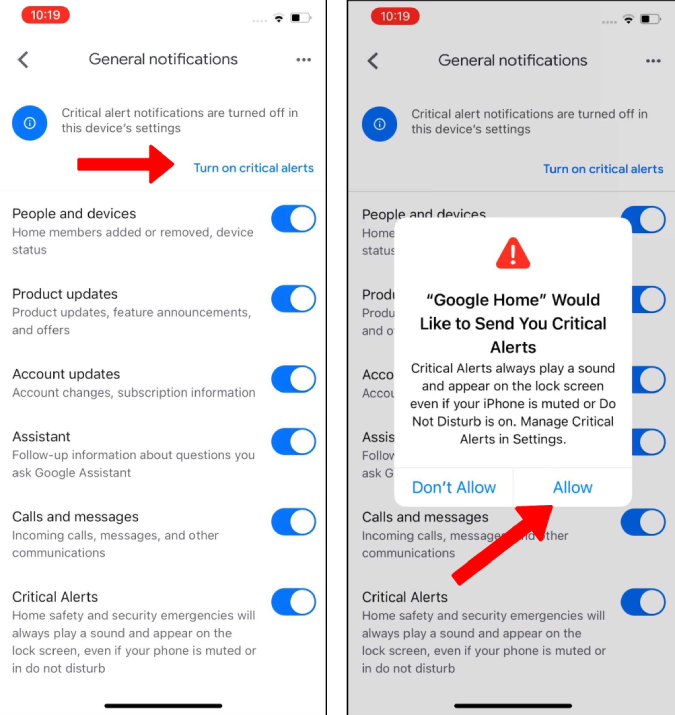 Permitir que Google Home envíe alertas críticas en iPhone