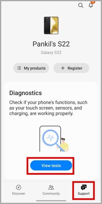 Pestaña de soporte en la aplicación de miembros de Samsung