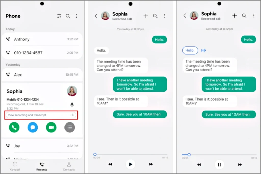 Visualización de transcripciones de llamadas y grabación de llamadas en Galaxy S24 Ejecución de una UI 7