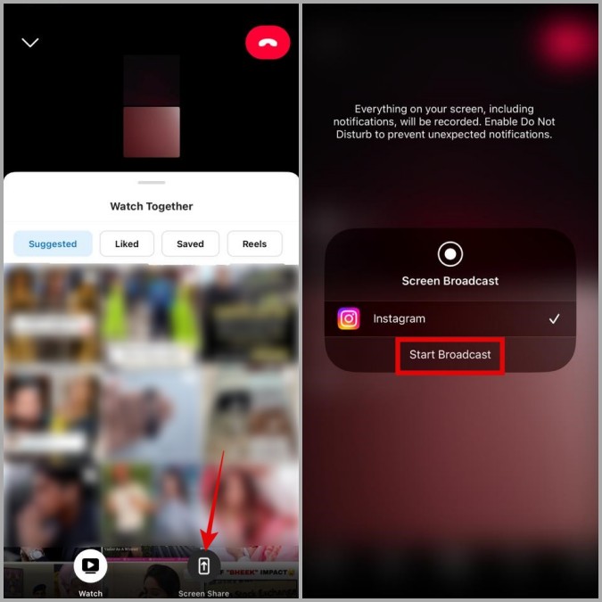 Inicie la pantalla compartida durante la videollamada de Instagram en el móvil