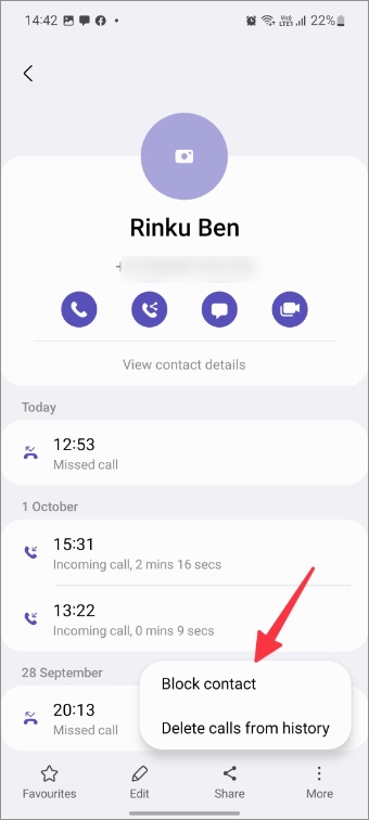 Bloquear contacto en la aplicación de teléfono Samsung Galaxy