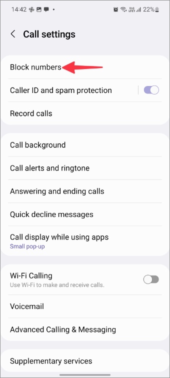 Seleccione la opción Números de bloque en el teléfono Samsung Galaxy