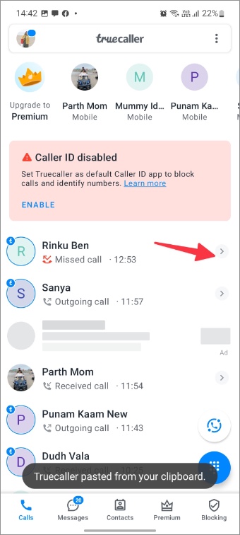 Abra más menú en TrueCaller en Galaxy Telephy
