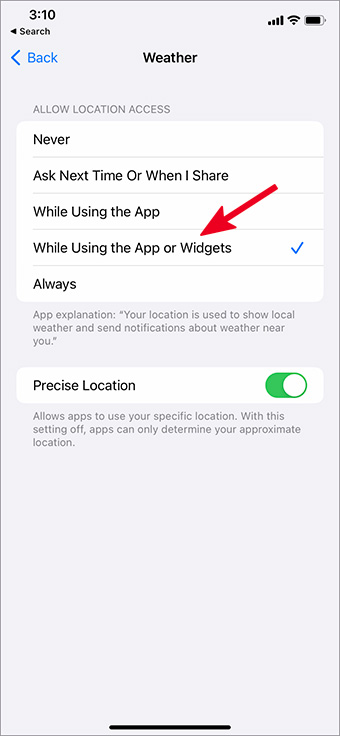 Permitir el clima mientras usa la opción de aplicación o widgets