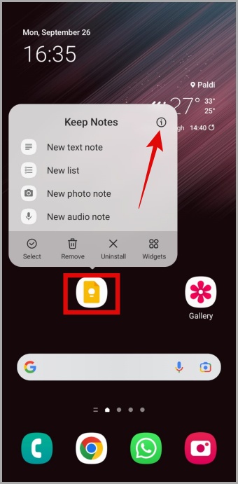 Abra Google Keep Información de la aplicación en el teléfono Android