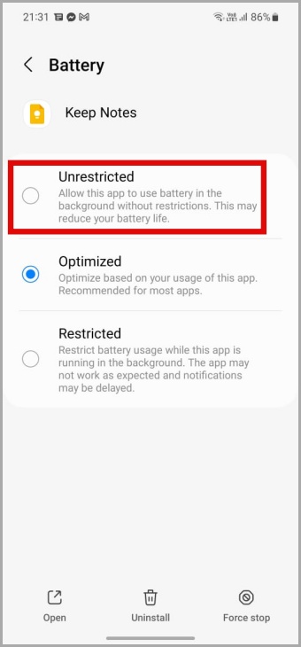 Uso de batería sin restricciones a Google Keep en Android