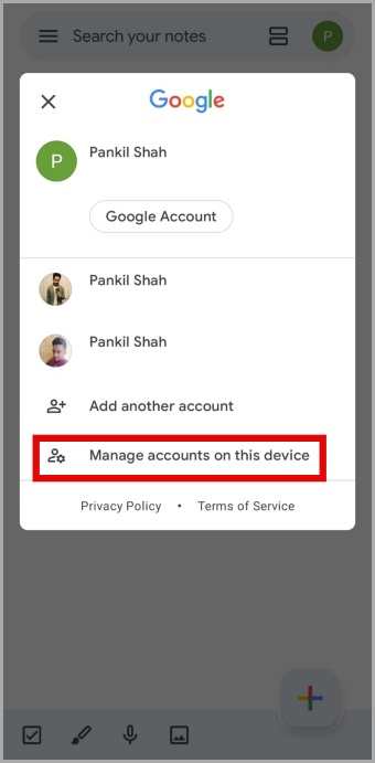 Google Keep Menon de cuentas en el teléfono Android