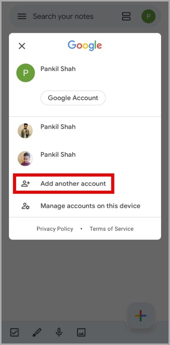 Google Keep Menon de cuentas en el teléfono Android 