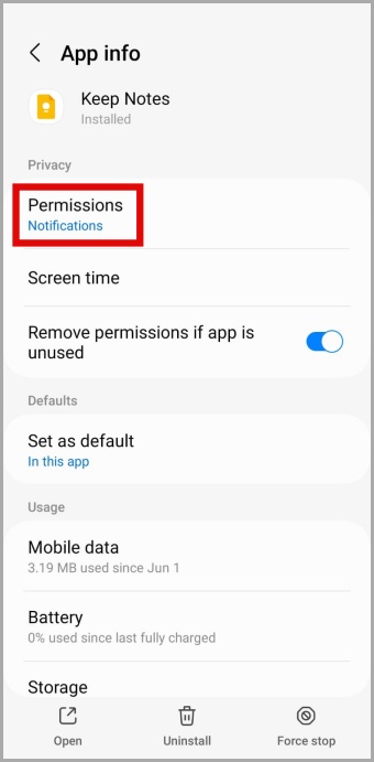 Google Keeping Permisos en el teléfono Android