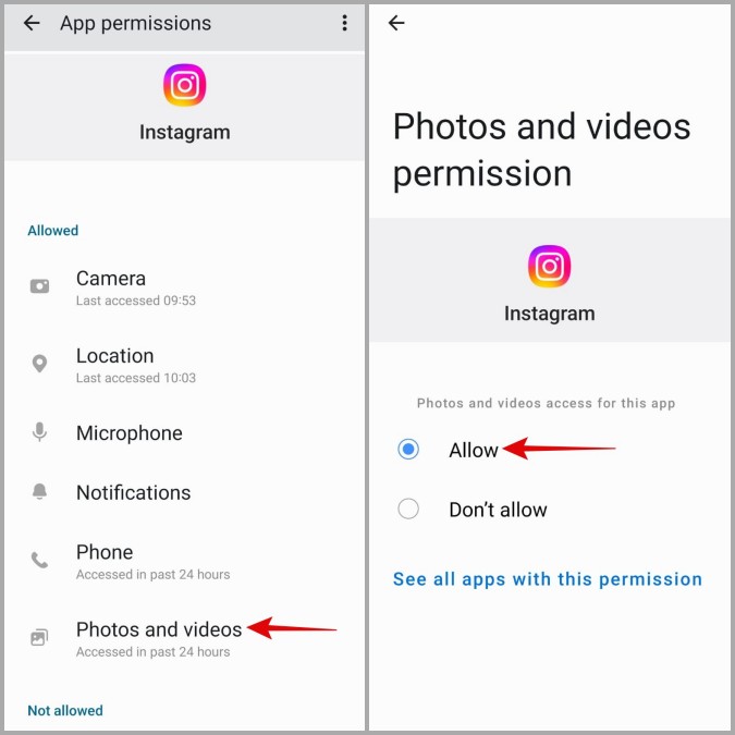 Permitir que Instagram acceda a fotos en Android