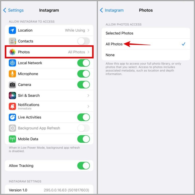 Permitir que Instagram acceda a fotos en iPhone