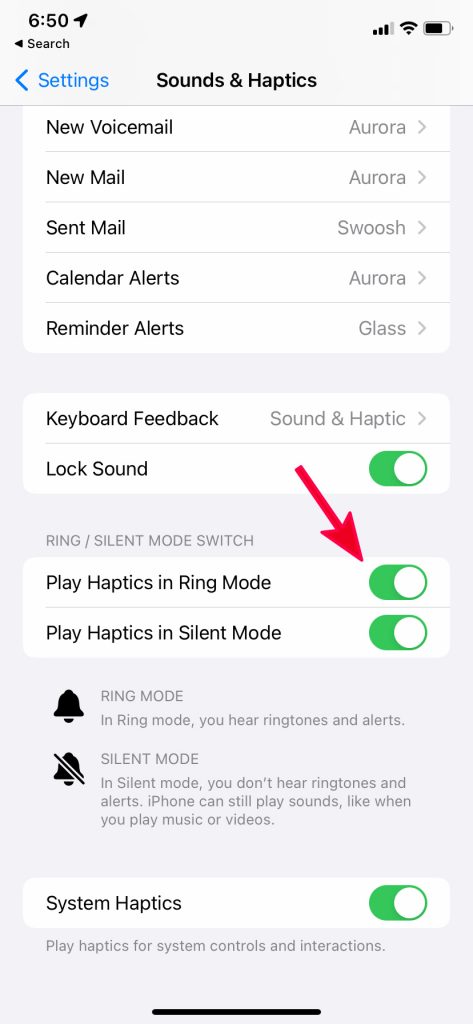 Configuración de hápticos en modo de anillo de iPhone