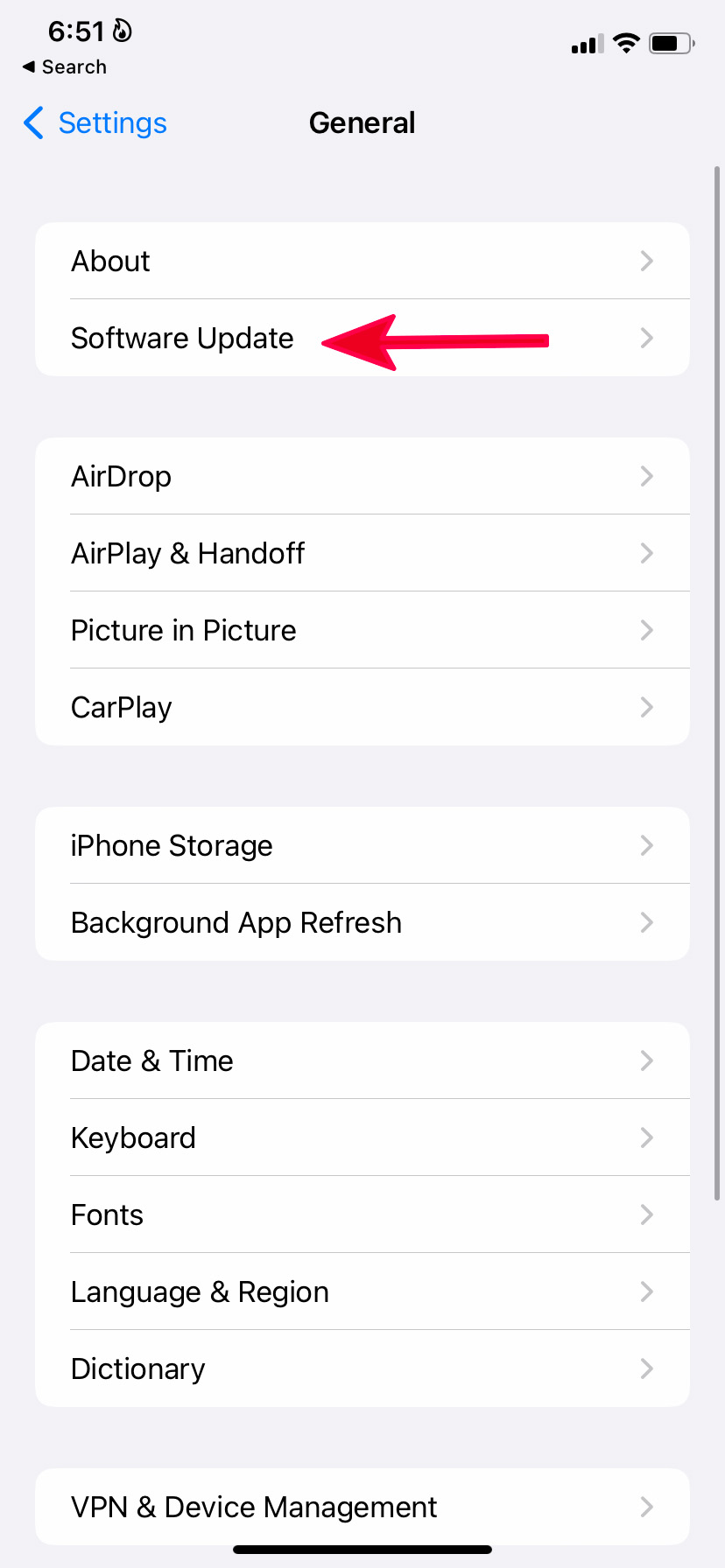 Opción de actualización de software de iPhone en la configuración