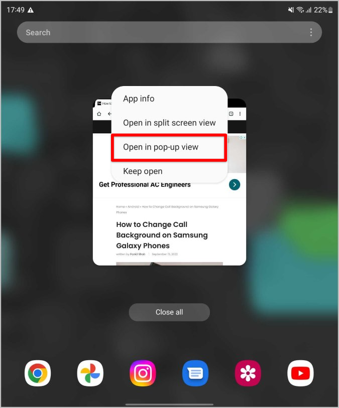 Abrir en la opción de vista emergente en Samsung Galaxy Fold
