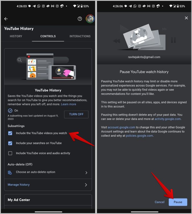 Pausa de YouTube Mira Historial en Mobile