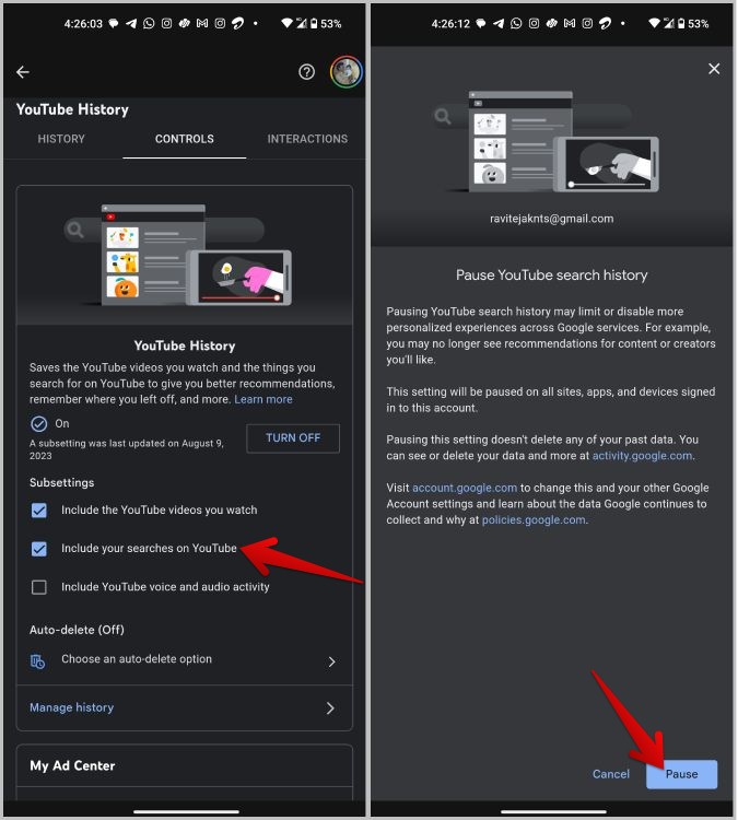 Pausa del historial de búsqueda de YouTube en dispositivos móviles