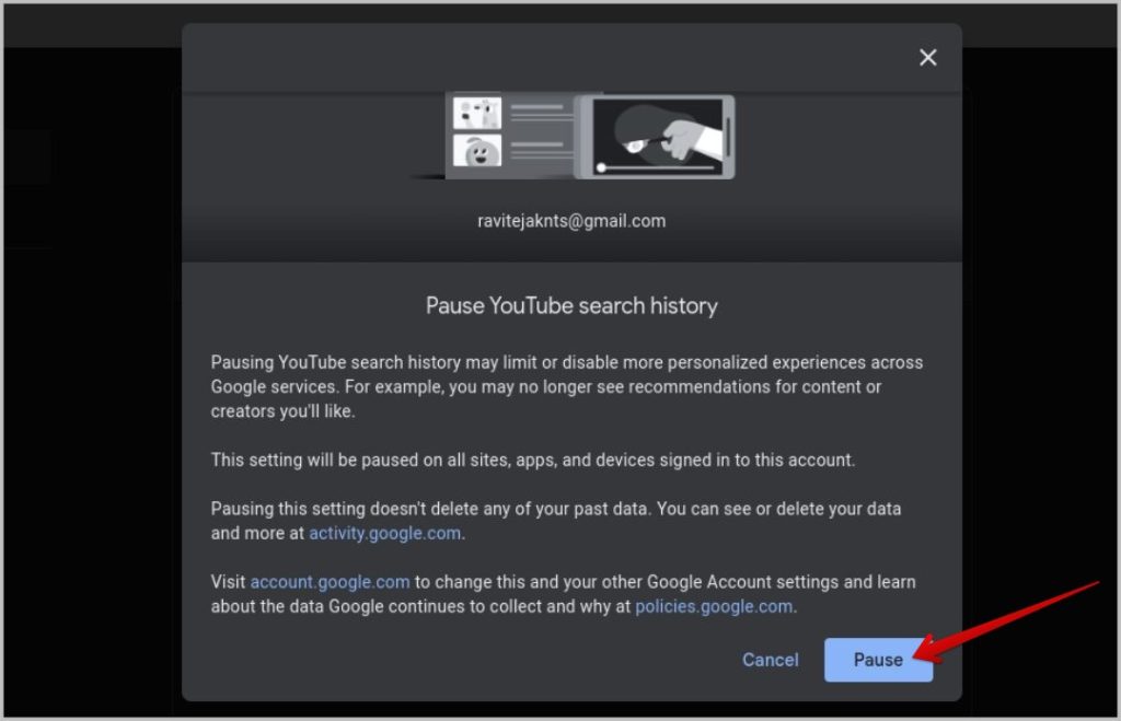 Pausa del historial de búsqueda de YouTube en el escritorio