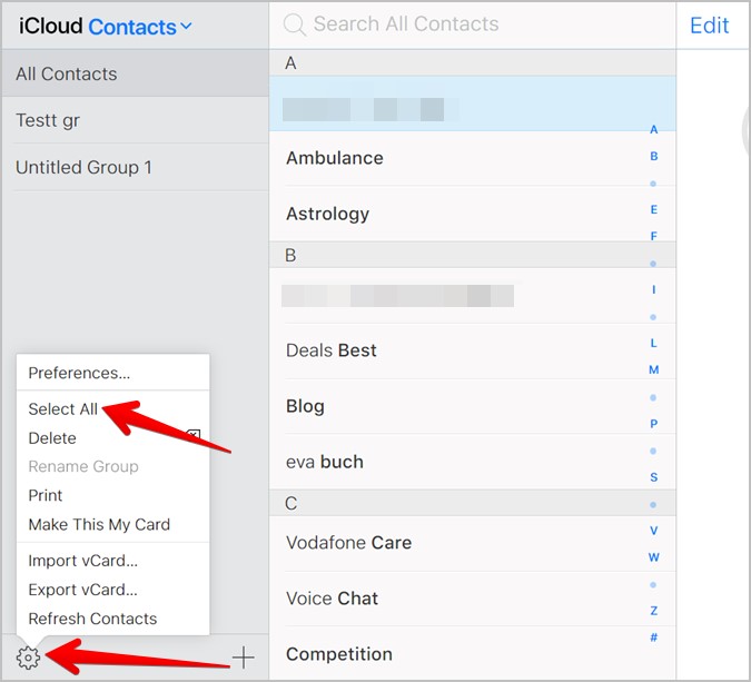 iPhone icloud contactos seleccione todo