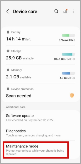 Modo de mantenimiento en el teléfono Samsung Galaxy