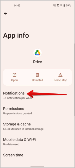 Opción de notificaciones en la página de Android en información de la aplicación