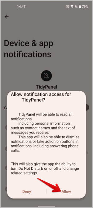 Permitir acceso de notificación para TidyPanel