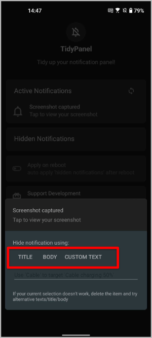 Ocultación de notificaciones usando el título o el cuerpo