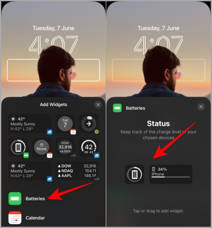 Panel de widgets de batería de pantalla de bloqueo de iPhone