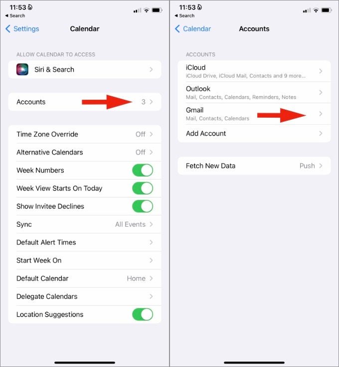 Abra el menú Gmail en la configuración del calendario de iOS
