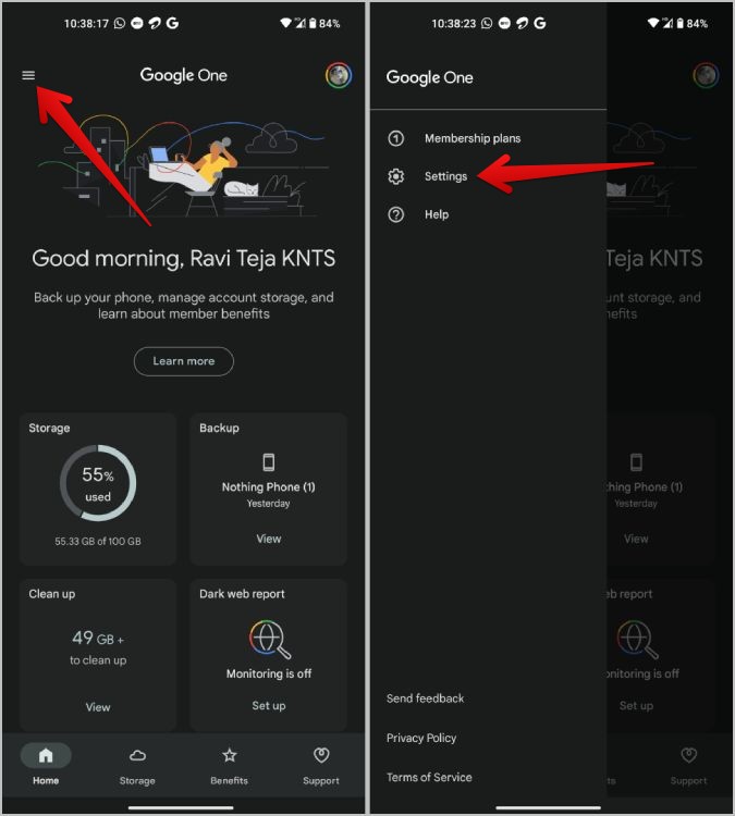 Apertura de la configuración en Google One Android