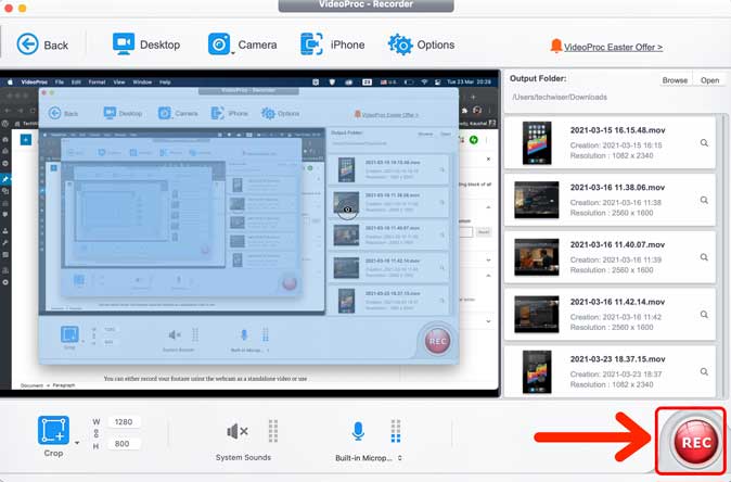 presione el botón de grabación para comenzar a grabar VideoProc