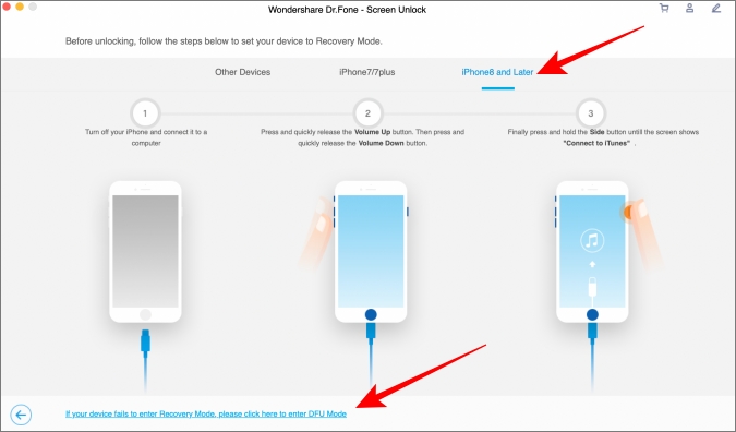 Dr. Fone pasos para ingresar al modo de recuperación en iPhone