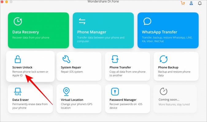 Opción de desbloqueo de pantalla en Dr. Fone en MacOS
