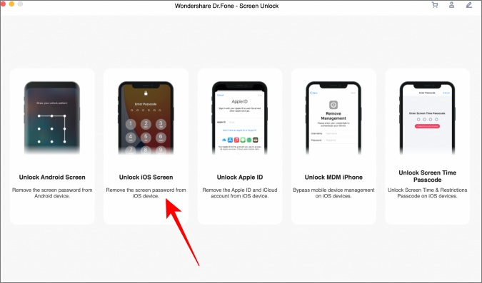 Desbloquee la opción de pantalla de iOS en Dr.Fone en MacOS