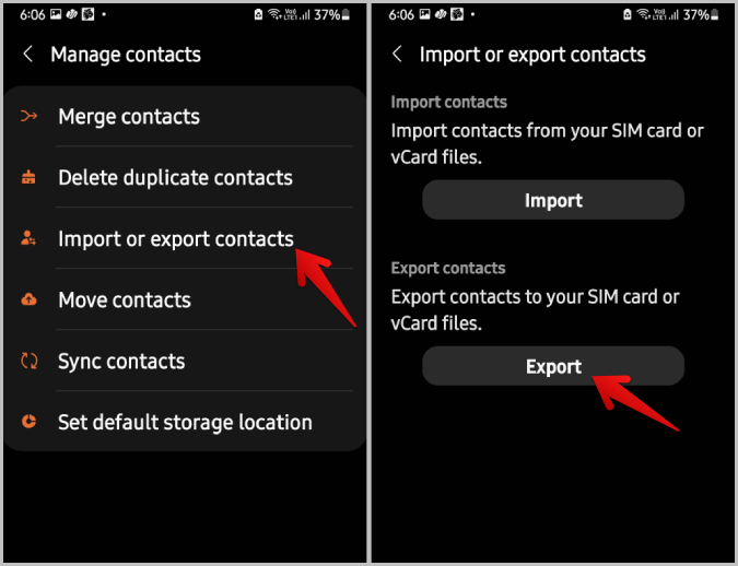 Exportar contactos en la aplicación Samsung Contacts