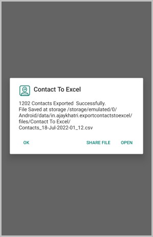 Contactos exportados desde el contacto a la aplicación Excel