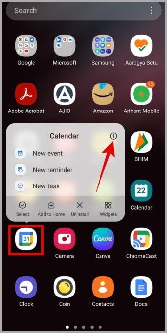 Abra la información de la aplicación de Google Calendar