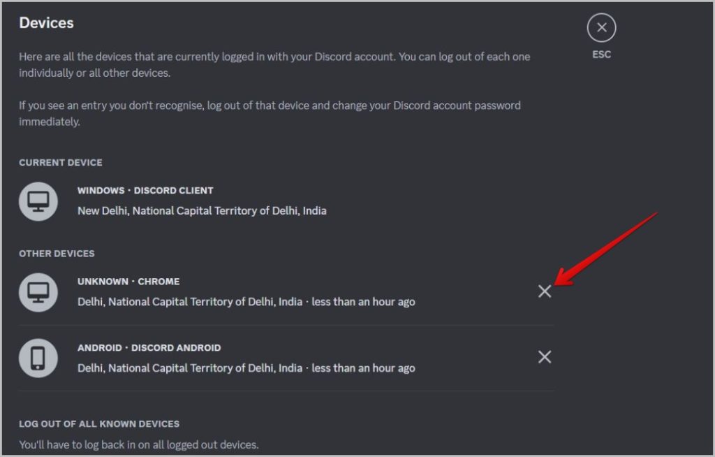 Eliminar dispositivos de Discord