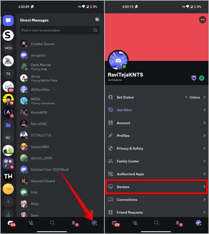 Opción de dispositivos en la aplicación móvil Discord