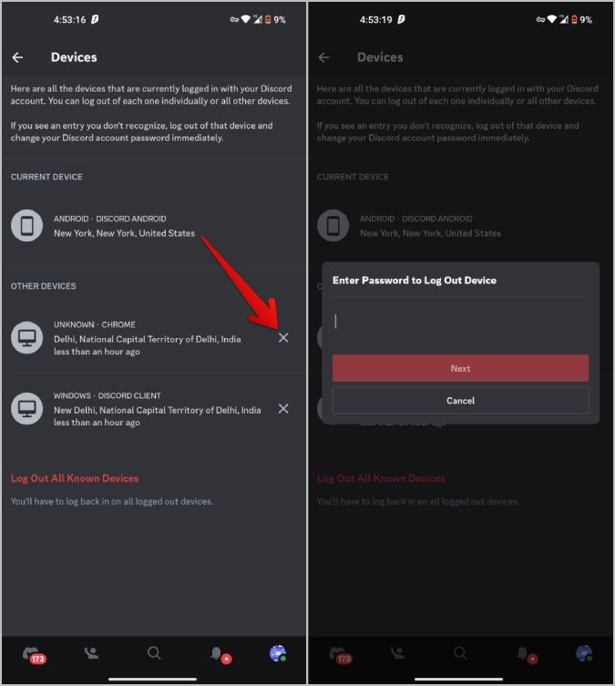 Eliminar dispositivos de Discord