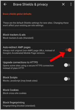 Habilitando páginas de AMP auto-redirectas en el navegador Brave