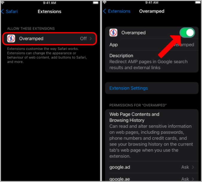 Habilitando la extensión de safari sobreamparada en iPhone