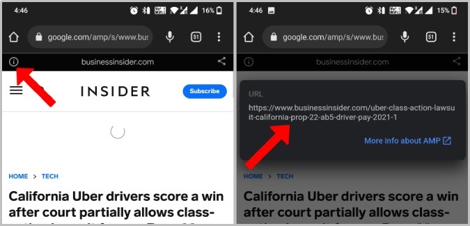 Abra la página que no es de Amp en Chrome Android y iPhone