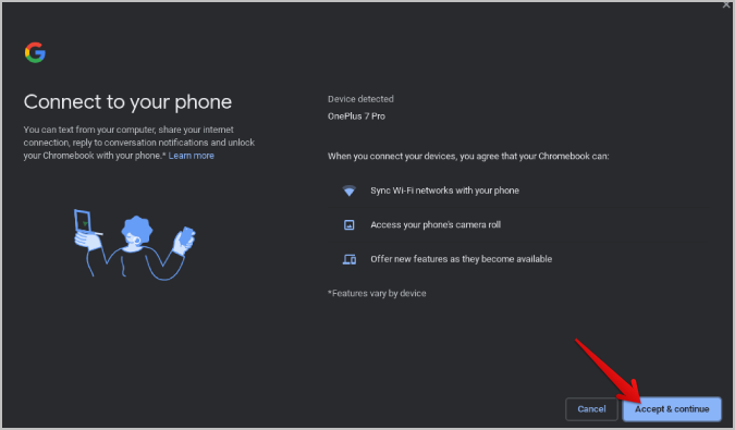 Aceptar conectar el dispositivo Android con Chromeos