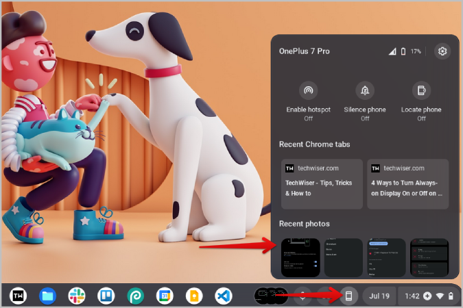 Opción de fotos recientes en Chromebook en el centro de teléfono