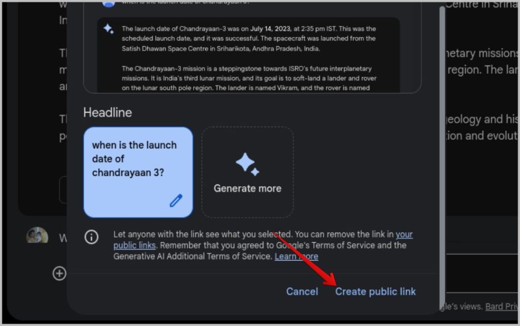 Creación de enlaces públicos en Google Bard