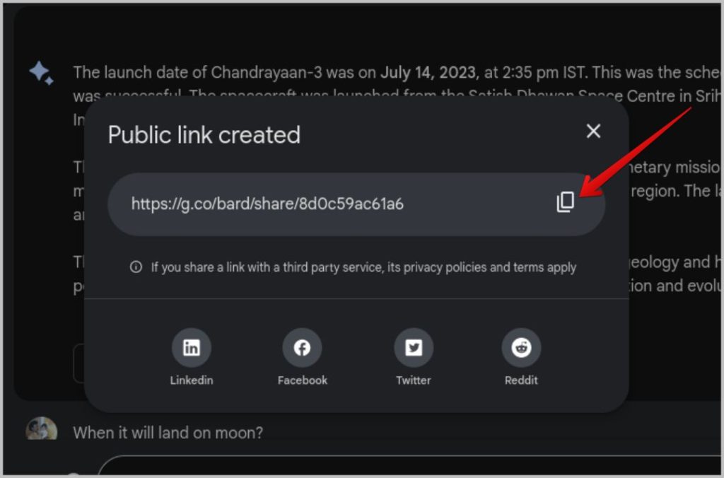 Copiar enlace generado para compartir en Google Bard