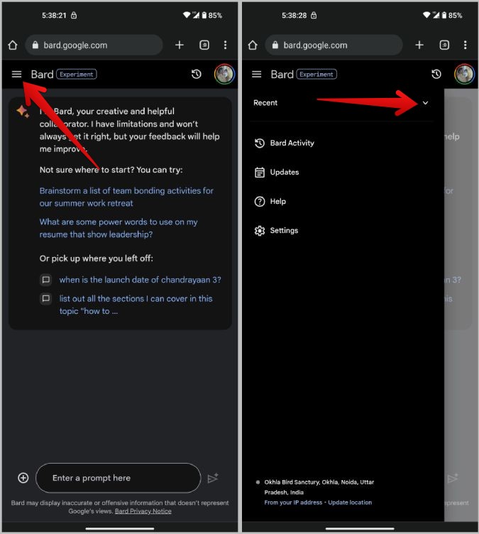 Abrir el historial de chat en Google Bard Mobile