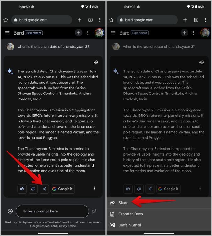 Compartiendo la conversación de Google Bard